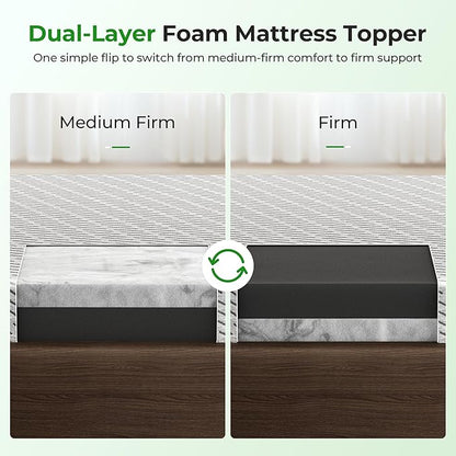 Bamboo Mattress Topper Twin Size 4 Inch, Cooling Gel & Bamboo Charcoal Memory Foam Mattress Topper for Back Pain Relief, Firm Dual-Layer Foam Bed Pad with Removable Cover College Dorm