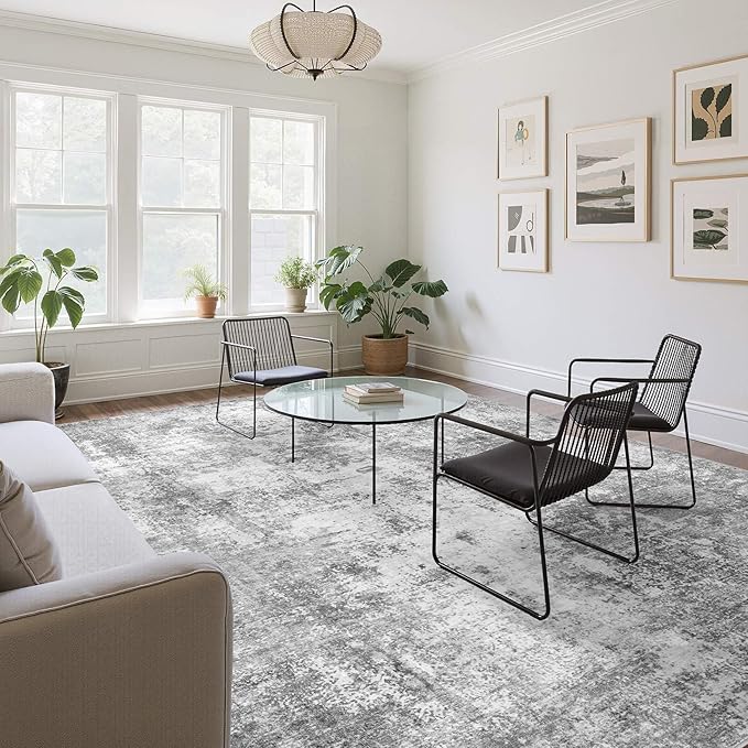Washable 5X7 Area Rug: Modern Abstract Soft Non-Slip Indoor Rugs Home Decor - Low Pile Stain Resistant Foldable Carpet for Living Room Bedroom Dining Room Playroom Office(Grey,5'x7')