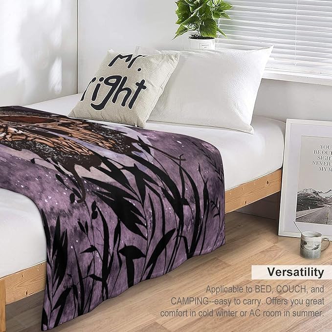 Death Moth Blanket, Boho Gothic Skull Moth Purple Starry Plant Full Moon Mysterious Witchy Throw Blanket for Couch Sofa Office Bed Travelling Bed Throws, 50"x60"
