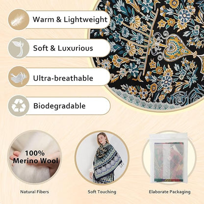 DANA XU 100% Merino Wool Pashmina Shawl for Women 96"x43", Oversized Cashmere Wrap with Tassels, Floral Travel Blanket Cape
