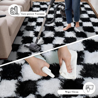 Checkered Rug for Bedroom, 4x6 Black and White Area Rugs, Classic Checkered Carpets Shaggy Area Rug, Bedside Rugs for Living Room Bedroom Kids Room Home Decor