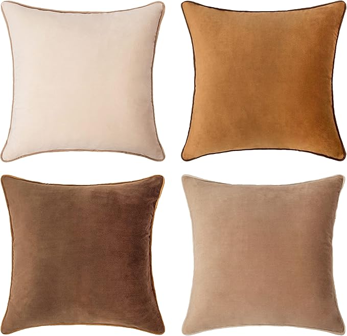 MONDAY MOOSE Decorative Throw Pillow Covers Cushion Cases, Set of 4 Soft Velvet Modern Double-Sided Designs, Mix and Match for Home Decor, Pillow Inserts Not Included (16x16 inch, Brown/Beige)
