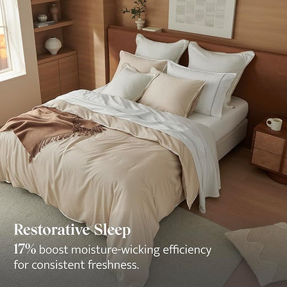 Double Stitch Cotton Tencel Duvet Cover - King Size Comforter Cover, Luxury & Soft Eucalyptus Lyocell Bedding Set for Hot Sleepers, Cooling & Breathable, Button Closure, Sandstone Contrast, 106"x90"