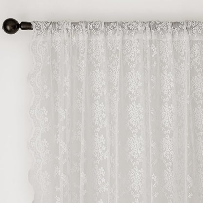 Anmao Vintage White Lace Curtains 84 Inches Long 2 Panels Set, Romantic Elegant Light Filtering Semi Sheer Floral Thick Lacy Curtain Drapes for Living Room and Bedroom, Each Panel 55W x 84L, Off White