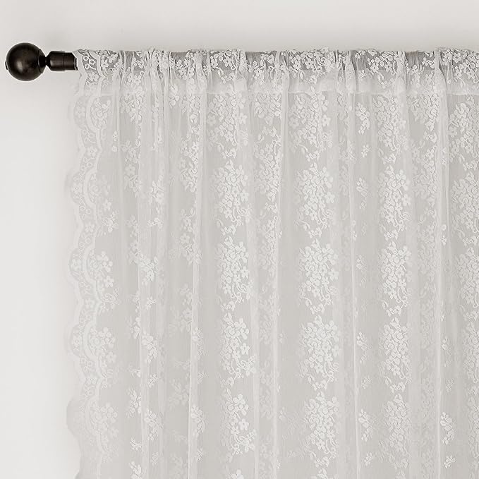 Anmao Vintage White Lace Curtains 90 Inches Long 2 Panels Set, Romantic Elegant Light Filtering Semi Sheer Floral Thick Lacy Curtain Drapes for Living Room and Bedroom, Each Panel 55W x 90L, Off White