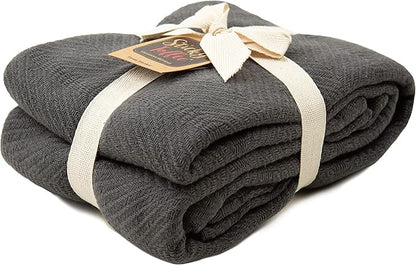 Sticky Toffee Cotton Throw Blanket, 60 x 50 Inch, Dark Gray Herringbone Weave, Soft Lightweight Woven Blanket for Couch, Boho Farmhouse Style