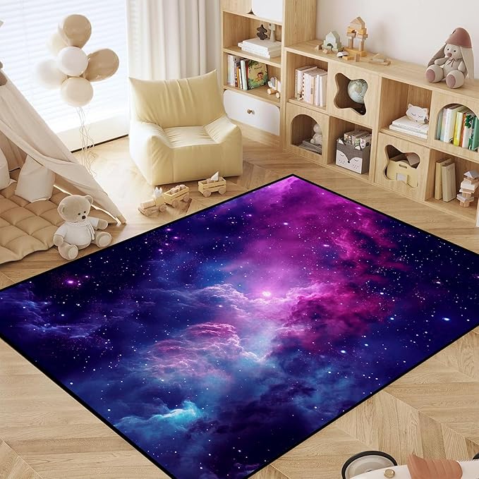 Purple Galaxy Rug Space Rugs Colorful Throw Rug Non-Slip Sun and Cloud Carpet Doormats for Living Room Bedroom Apartment Dorm Floor Mat 47 in X 31 in