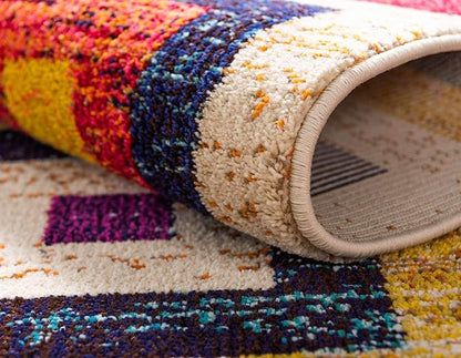 Unique Loom Estrella Collection Colorful, Geometric, Squares Modern, Abstract Area Rug (8' 0 x 8' 0 Round, Multi/Beige)