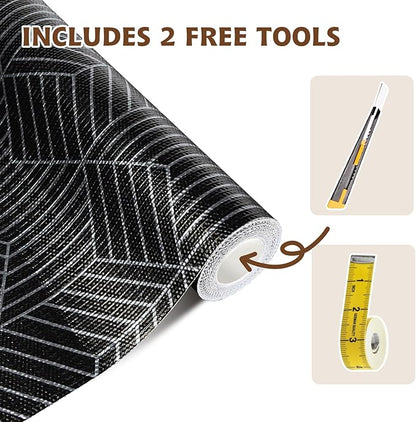 Shelf Liners for Kitchen Cabinets 17.3in x 20FT, Non Adhesive Cabinet Liner Strong Non-Slip Black and Silver Geometric Drawer Liner, Easy to Clean for Cabinet with Knife and Tape Measure