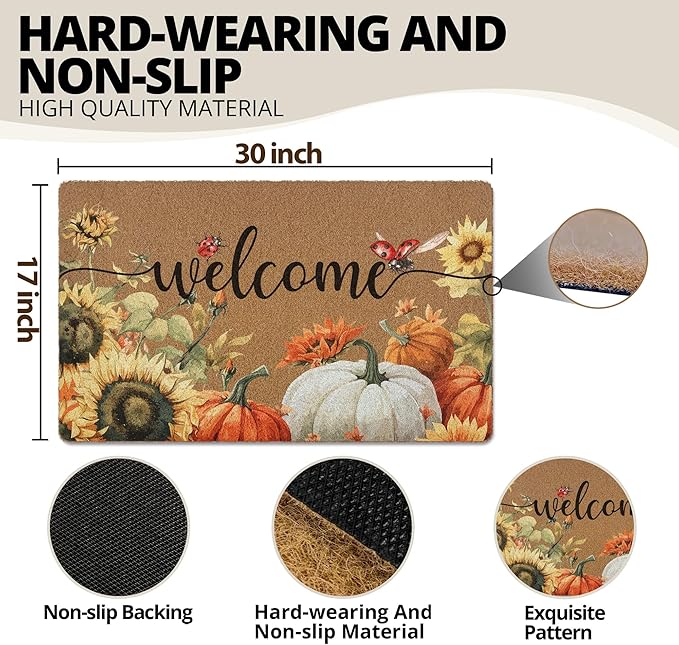 Fall Pumpkin Welcome Door Mat, Autumn Thanksgiving Welcome Front Door Mat Indoor Outdoor Entrance, Fall Pumpkin Sunflower Artificial Coir Doormats Rugs for Porch Entryway Decor 30x17in