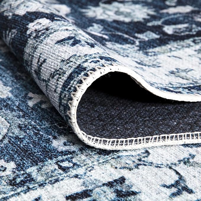 Bloom Rugs Washable Non-Slip 7 ft Runner - Dark Blue Traditional Bordered Runner for Entryway, Hallway, Bathroom, and Kitchen - Exact Size: 2.5' x 7'