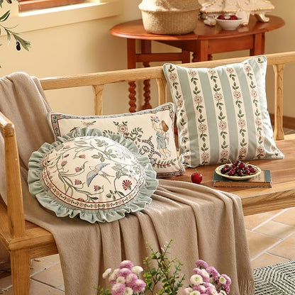 Round Throw Pillow Covers Pack of 2,Green Cozy Velvet Farmhouse with Birds and Floral Pattern Pillowcases,Decoration Pillows Cushion Covers for Couch Sofa Bed Car Chair,Diameter 16"