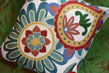 Daisy Floral Pillow Cover Teal Flower Pillowcase Flowery Outdoor Cushion Suzani Accent Pillowsham Flower Floral Chair Cushion Hand Embroidered Cushions Wool Size 18x18