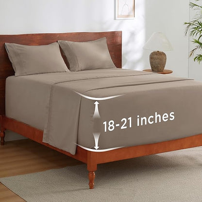 Bedsure Deep Pocket King Sheet Set - Fits Mattresses Up to 21 Inches Thick - 4 Piece GentleSoft Bed Sheets, Moisture Wicking, Soft & Cooling Bedsheet & Pillowcases, Easy & Secure Fit, Brown