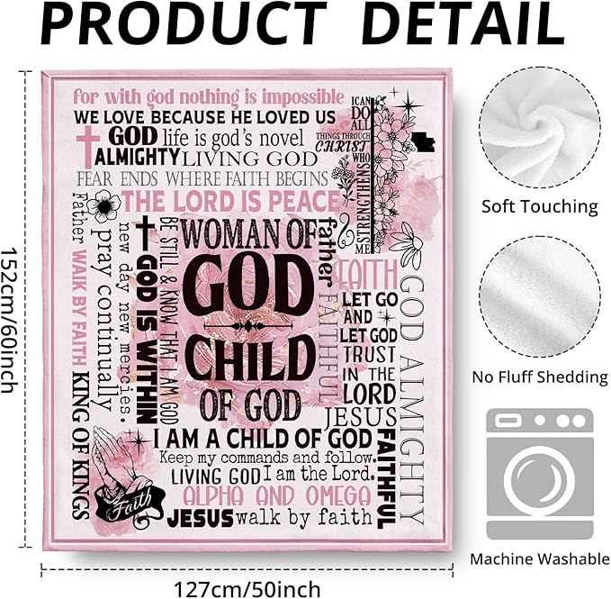 Pink Christian Blanket, Bible Verse Throw Blankets for Girly Room Bedroom Dorm Couch Bed Decor, Religious Scripture Blanket, Christian Gifts for Women Faith Girls, 50x60 Inch