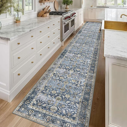 KUTA Vintage Washable Long Hallway Runner Rug, 2.6x16 Blue Grey Beige Non-Slip Kitchen Rugs Ultra Thin Soft Printed Distressed Oriental Floral Floor Carpet for Laundry Bedroom Living Room Nursery