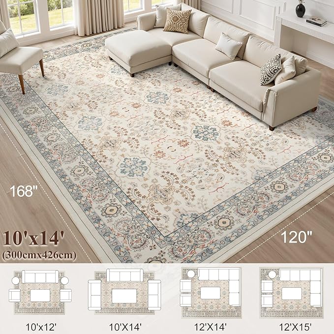 Vintage Living Room Area Rug 10x14 - Large Soft Washable Oriental Traditional Distressed Farmhouse Rugs for Bedroom - Indoor Floor Accent Carpet for Home Office House Decor - Multi