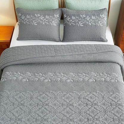 EVENHUG Floral Embroidered Quilt Set King Size 3 Piece Bedding Set Reversible Farmhouse Bedspread Coverlet with 2 Pillow Shams Lightweight Soft Bed Cover for All Season(106"X 96",Grey)