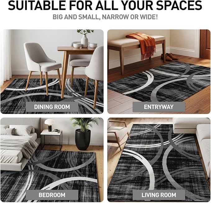 Rugshop Modern Wavy Circles Design Area Rug, Carpet with Jute Backing for Living Room, Bedroom, or Home Office, Black, 5'3" x 7'3"