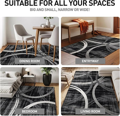 Rugshop Modern Wavy Circles Design Area Rug, Non-Shedding Carpet for Living Room, Primary Bedroom, or Dining Room, Grand Room,Open Spaces Black, 10' x 14'