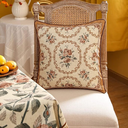 patdrea Designer Vintage Floral Throw Pillow Covers for Couch,Brown Yellow Linen Pillowcases with Bird and Rose Pattern, Decorative Square Cushion for Bed Living Room Outdoor Cafe Car,18"x18"