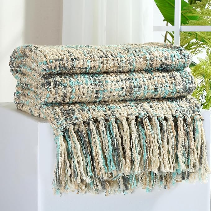 Multi-Color Blue Grey Cable Knitted Throw Blanket for Couch,50"X60" Boho Style Textured Blankets for Home Decor,Super Soft Warm Cozy Chunky Knit Blanket with Decorative Tassels for Bed