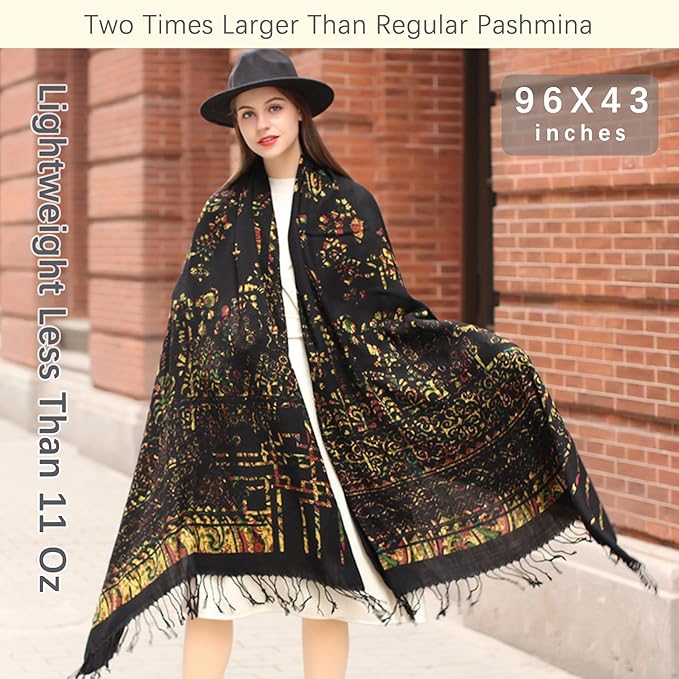 DANA XU 100% Merino Wool Pashmina Shawl for Women 96"x43", Oversized Cashmere Wrap with Tassels, Floral Travel Blanket Cape