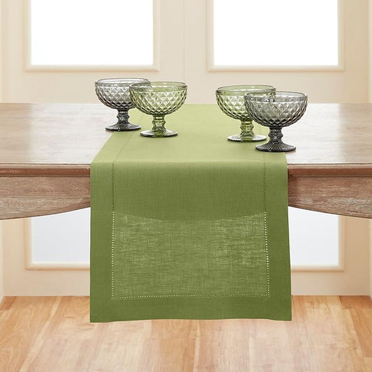 Solino Home Linen Moss Green Table Runner 156 Inches Long - 100% Pure Linen Extra Long Table Runner 14 x 156 Inch - Classic Hemstitch