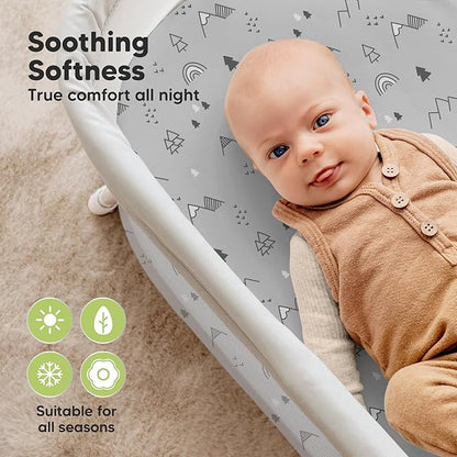 2-pk Waterproof Bassinet Sheets Girls, Boys, Cotton - 33x17 Universal Bassinet Mattress Pad Protector Cover, Compatible with Graco,Baby Delight,Chicco,Halo Bassinest Swivel Sleeper Fitted (Woodland)