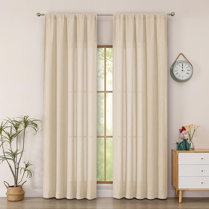 Simplebrand Natural Semi Sheer Faux Linen Textured Curtains 84 Inches Long 2 Panels, Light Filtering Farmhouse Bedroom Curtains, Farmhouse Rod Pocket Soft Thick Window Drapes for Living Room, 50Wx84L