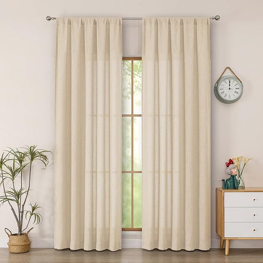 Simplebrand Natural Semi Sheer Faux Linen Textured Curtains 84 Inches Long 2 Panels, Light Filtering Farmhouse Bedroom Curtains, Farmhouse Rod Pocket Soft Thick Window Drapes for Living Room, 50Wx84L