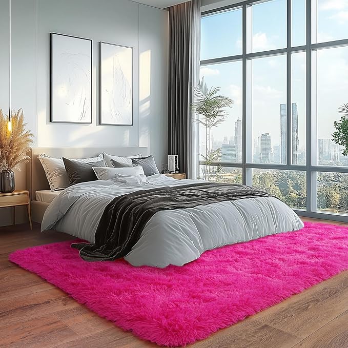 Fluffy Rugs for Living Room, Soft Shaggy for Bedrooms, Hot Pink Area Rug for Bedroom, Cozy Fuzzy Carpet for Kids, Perfect Indoor Decor for Boys and Girls 5x7 Feet