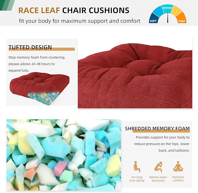 RACE LEAF 19" x 19" Patio Chair Cushions Red - Outdoor/Indoor Tufted Memory Foam Chair Pads Set of 2, Water-Resistant Olefin Chair Seat Cushion Non-Slip Backing