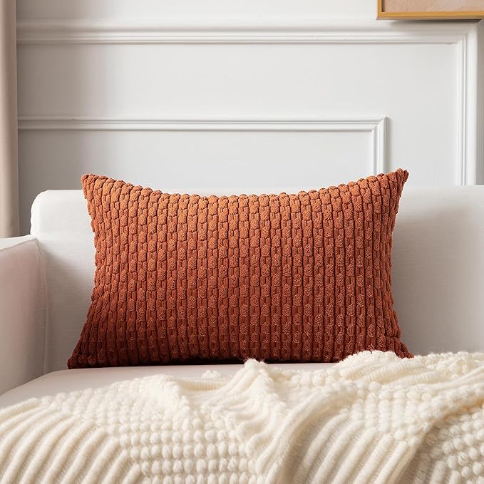 Kevin Textile Fall 14x24 Inch Pillow Cover 1 Pack Boho Decorative Soft Striped Corduroy Lumbar Farmhouse Solid Color Accent Rectangle Cushion Case for Living Room Couch Sofa Bed, Rust
