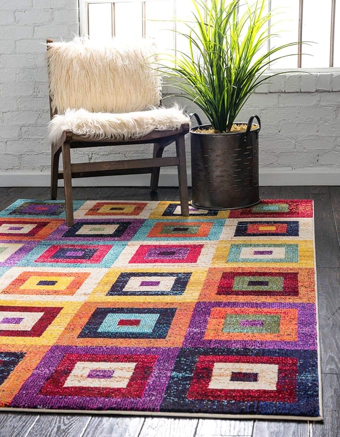 Unique Loom Estrella Collection Colorful, Geometric, Squares Modern, Abstract Area Rug (7' 0 x 10' 0 Rectangular, Multi/Beige)
