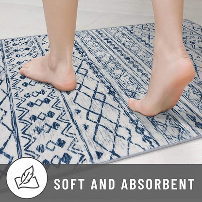KUTA Moroccan Washable Runner Rug, 2x6 Non-Slip Vintage Blue White Boho Hallway Kitchen Rugs Ultra Soft Distressed Geometric Floor Carpet Runners for Bedroom Laundry Living Room