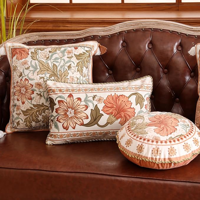 Vintage Round Throw Pillow Covers,Orange Floral with Wild Flowers Pattern Cozy Velvet Pillowcases,Decoration Pillows Cushion Covers for Couch Sofa Bed Car Chair Thanksgiving,Diameter 16"