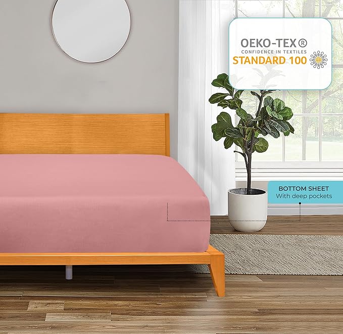 ROYALE LINENS 300 Thread Count 100% Long Staple Combed Cotton Fitted Sheet Full - Super Soft Deep Pocket Bottom Sheet - Fitted Sheets Only - Elastic Sheets (Full, Pink)