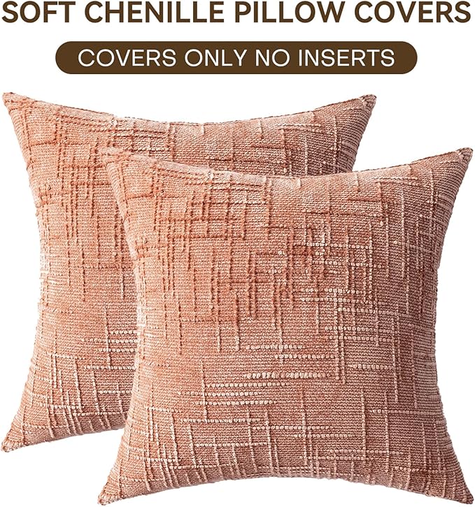 Decorative Throw Pillow Covers 22x22 Inch Set of 2, Soft Solid Farmhouse Chenille Couch Pillows, Spring Pillow Covers for Couch Sofa Bed Living Room Home Decor Pillowcase, Coral