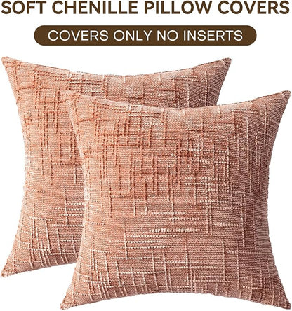 Decorative Throw Pillow Covers 22x22 Inch Set of 2, Soft Solid Farmhouse Chenille Couch Pillows, Spring Pillow Covers for Couch Sofa Bed Living Room Home Decor Pillowcase, Coral