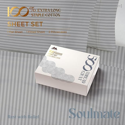 Mayfair Linen 100% Cotton Sheets Set - 500 Thread Count 4 PC Set, Soft, Cooling, Sateen Weave 16" Deep Pocket Bedsheet - 4 PC, California King Light Grey Stripe