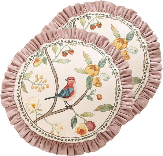 Round Pink Farmhouse Throw Pillow Covers Pack of 2,Birds and Flowers Pattern Cozy Velvet Pillowcases,Decoration Pillows Cushion Covers for Couch Sofa Bed Car Chair,Diameter 16"
