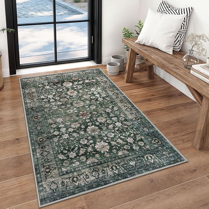 KUTA 3x5 Rugs for Entryway, Vintage Floral Dark Green Area Rug Washable Non-Slip Ultra Thin Soft Printed Distressed Entry Low-Pile Throw Carpet for Bedroom Nursery Living Room