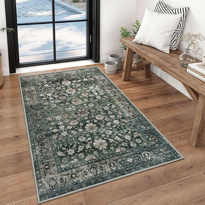 KUTA 3x5 Rugs for Entryway, Vintage Floral Dark Green Area Rug Washable Non-Slip Ultra Thin Soft Printed Distressed Entry Low-Pile Throw Carpet for Bedroom Nursery Living Room