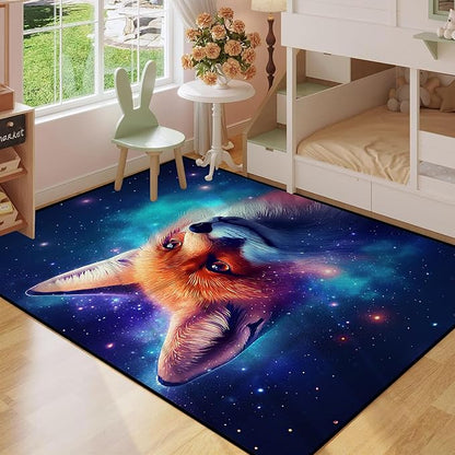 Galaxy Fox Rug Large 3D Cute Foxes Area Rugs for Bedroom Living Room Playroom Boys Kids Cartoon Colorful Carpet Glitter Stars Throw Rugs Floor Mat 71 in x 47 in