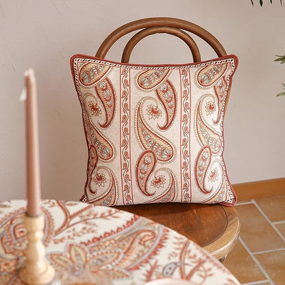 ISAENNE Design Linen Classic Vintage Throw Pillow Covers 18"x18" Pack of 2, Square Cushion Covers with Orange Yellow Paisley Style Pattern Decoration Pillowcases for Bed,Living Room,Outdoor,Car