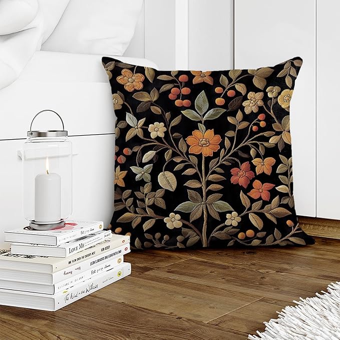 William Morris Abstract Vintage Print Floral Velvet Design Throw Pillow Covers Home Decor, Retro Art Deco Pillowcase Cushion Cover for Bed Sofa Living Room, Square 18x18inch (Black-Floral)