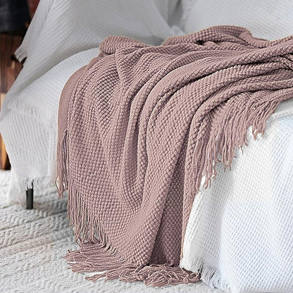 LOMAO Knitted Throw Blanket with Tassels Bubble Textured Lightweight Throws for Couch Cover Home Decor (Brownish Pink, 50x60)
