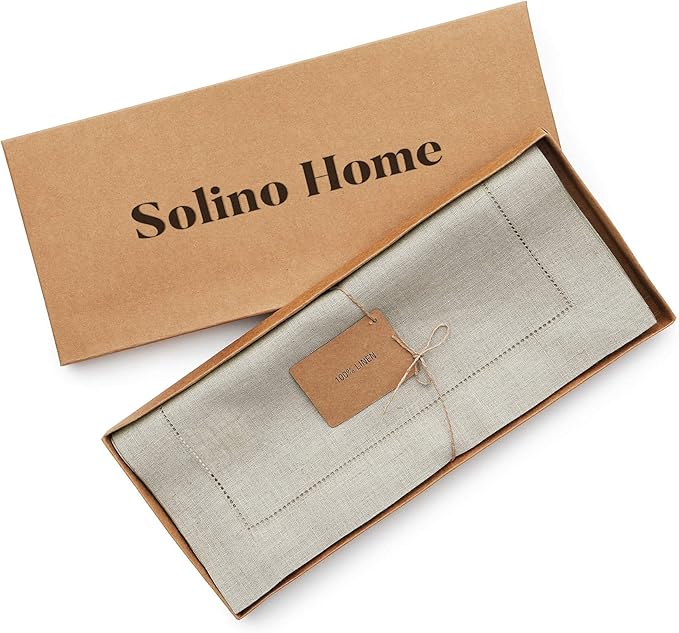 Solino Home Linen Natural Table Runner 90 Inches Long - 100% Pure Linen Hemstitch 14 x 90 Inch Table Runner for Dining, Christmas, New Year - Classic Hemstitch