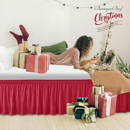 Biscaynebay Wrap Around Bed Skirts for Twin & Twin XL Beds 15" Drop, Red Adjustable Elastic Dust Ruffles Easy Fit Wrinkle & Fade Resistant Silky Luxurious Fabric Machine Washable